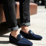 model-sitting-bench - Men's Blue Suede Moccasins with Leather Sole