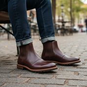 model-sitting-bench - Men's Brogue Chelsea Leather Boots