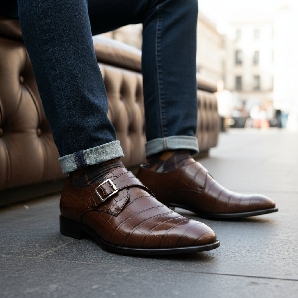 model-sitting-bench - Men's Brown Alligator Leather Monk Shoes