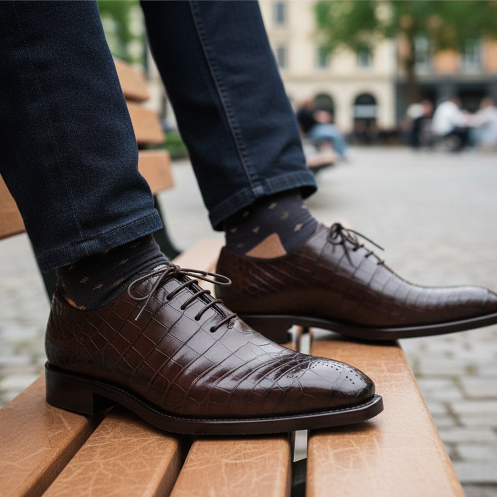 Men's Brown Alligator Print Leather Dress Shoes - model-sitting-bench