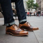 Men's Brown and Tan Leather Brogue Dress Shoes, Oxford Style - model-sitting-bench