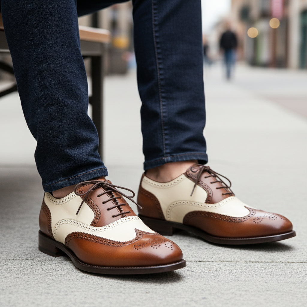 model-sitting-bench - Men's Brown and White Leather Brogue Dress Shoes