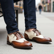 model-sitting-bench - Men's Brown and White Leather Brogue Dress Shoes