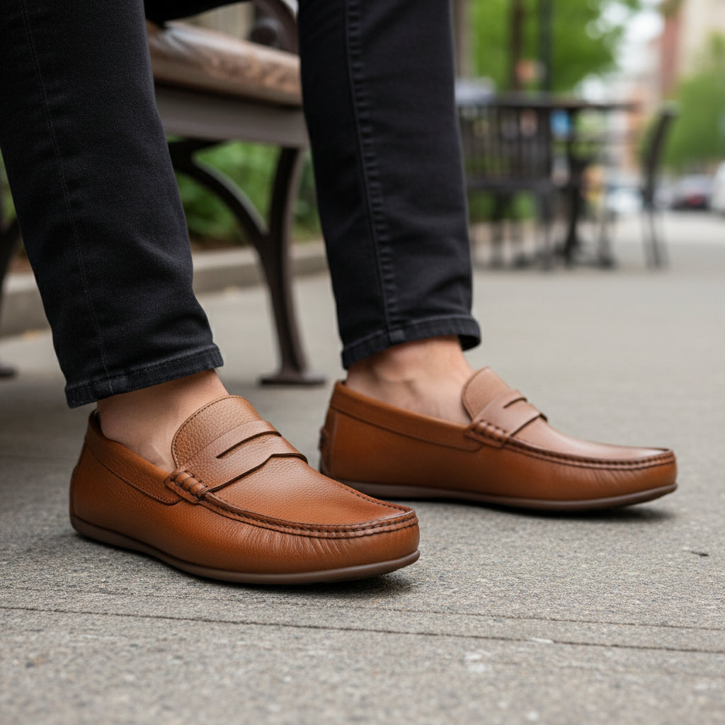model-sitting-bench - Men's Brown Casual Loafer Suede Shoes