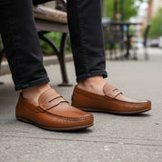 model-sitting-bench - Men's Brown Casual Loafer Suede Shoes
