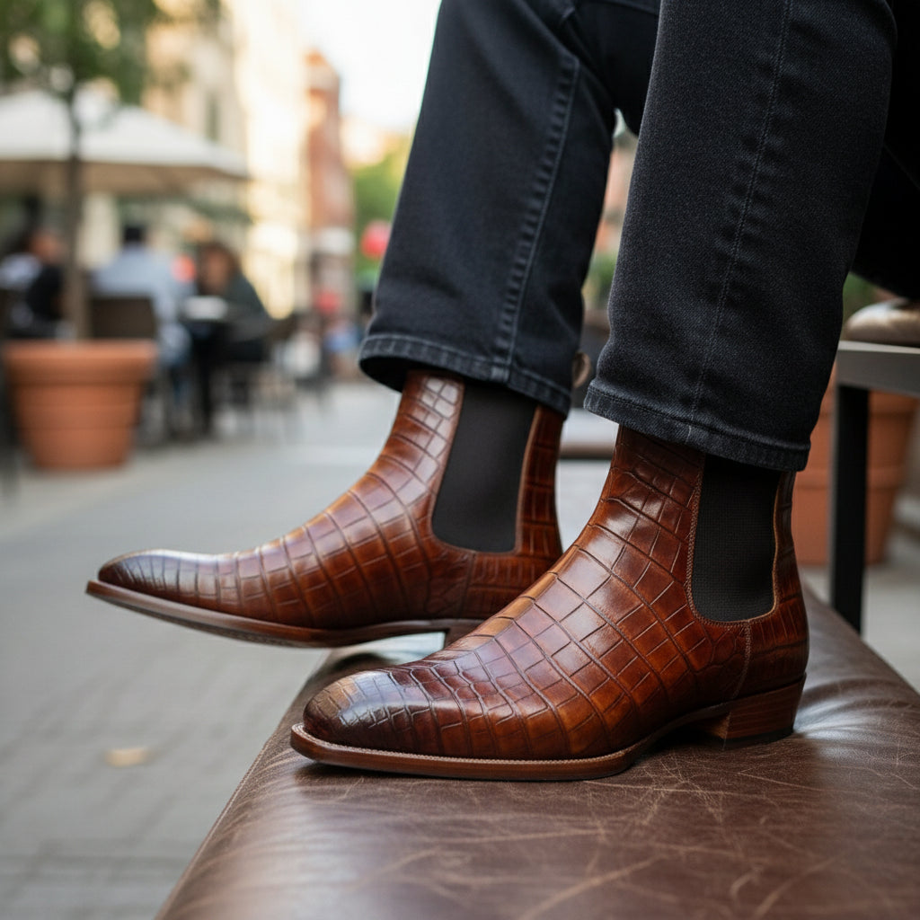 model-sitting-bench - Men's Brown Chelsea Boots in Calf Leather with Crocodile Pattern