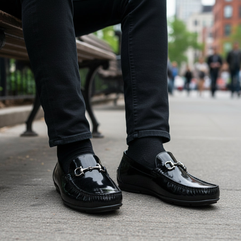 model-sitting-bench - Men's Brown Cow Leather Bit Loafers