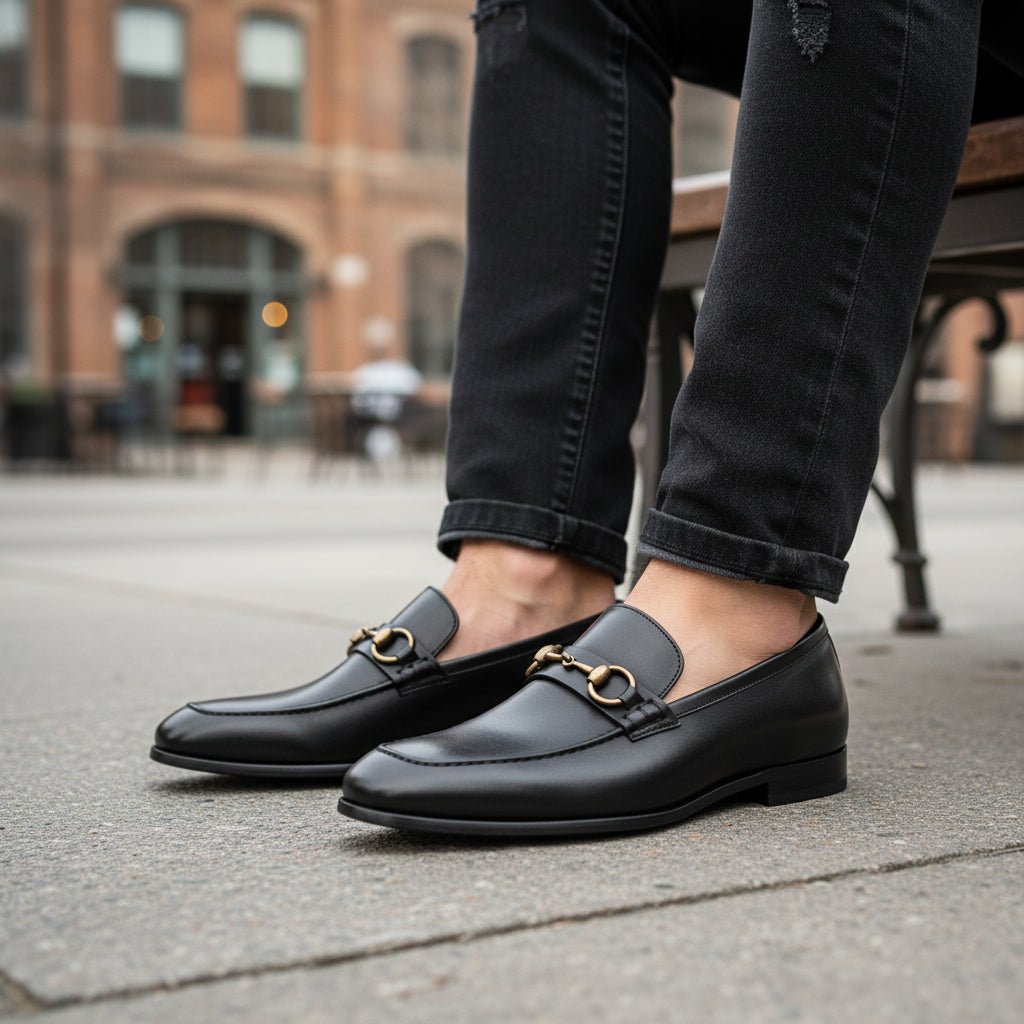 model-sitting-bench - Men's Brown Cow Leather Loafers