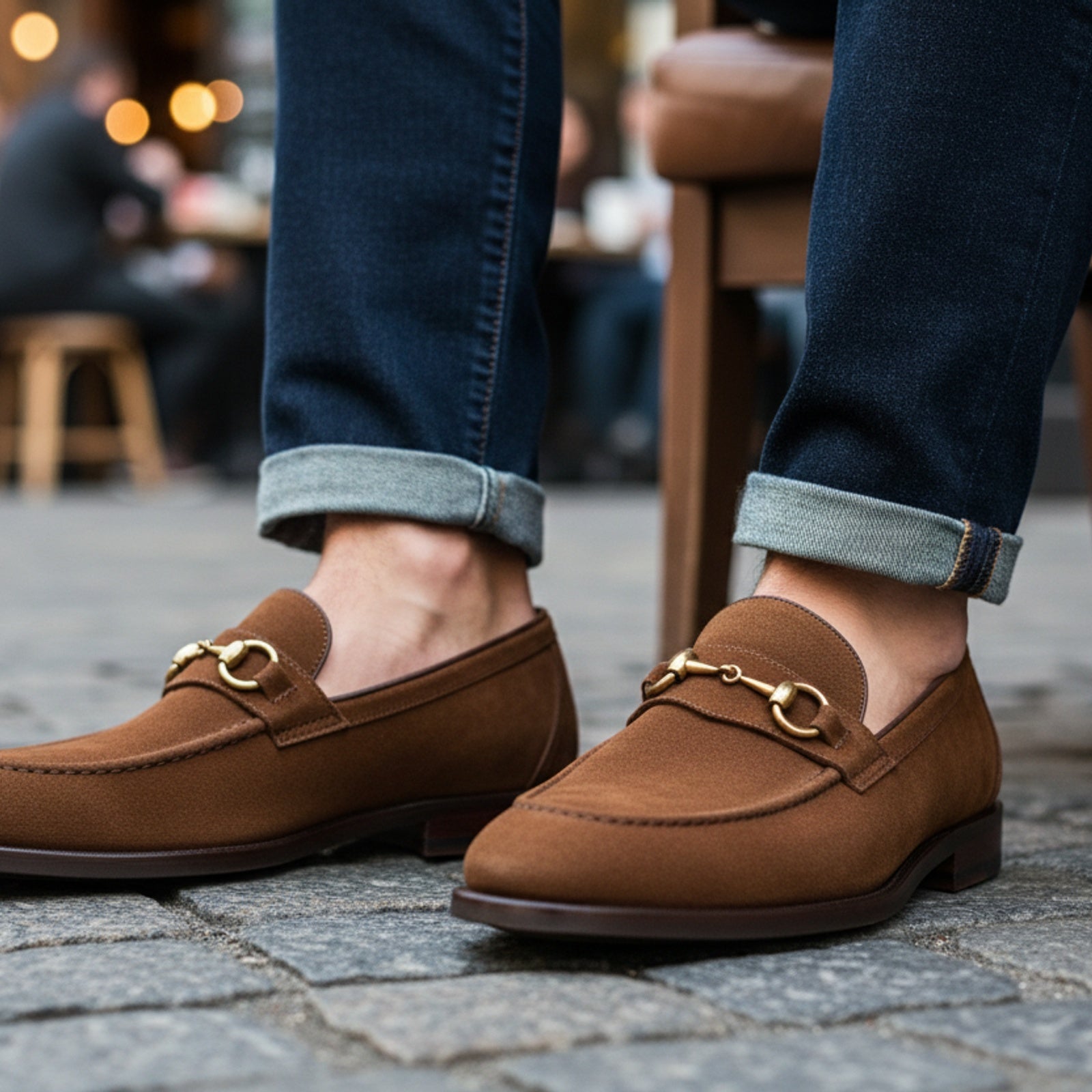 model-sitting-bench - Men's Brown Cow Leather & Suede Penny Loafers