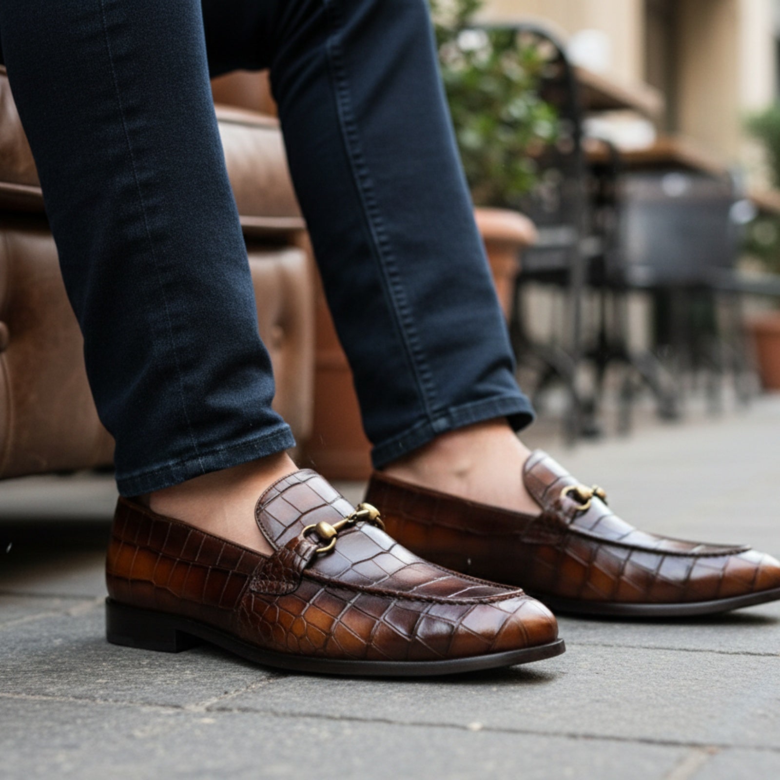 model-sitting-bench - Men's Brown Crocodile Leather Moccasin Dress Shoes