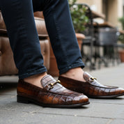 model-sitting-bench - Men's Brown Crocodile Leather Moccasin Dress Shoes
