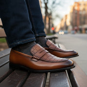 model-sitting-bench - Men's Brown Crocodile Leather Moccasins - Formal Loafers