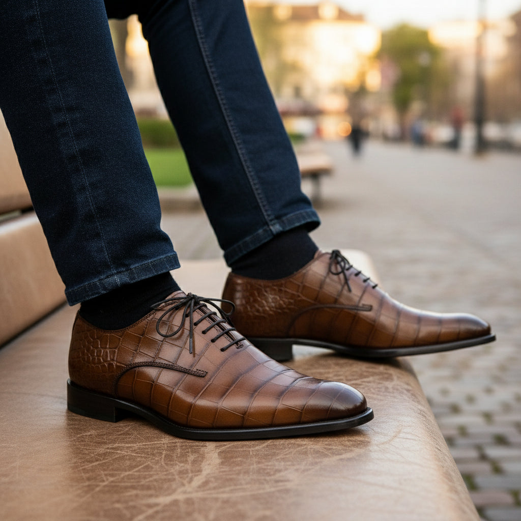 Men's Brown Crocodile-Textured Leather Dress Shoes - model-sitting-bench