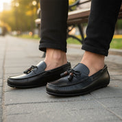 model-sitting-bench - Men's Brown Genuine Cow Leather Casual Loafers