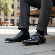 model-sitting-bench - Men's Brown Genuine Leather Buckle Dress Shoes