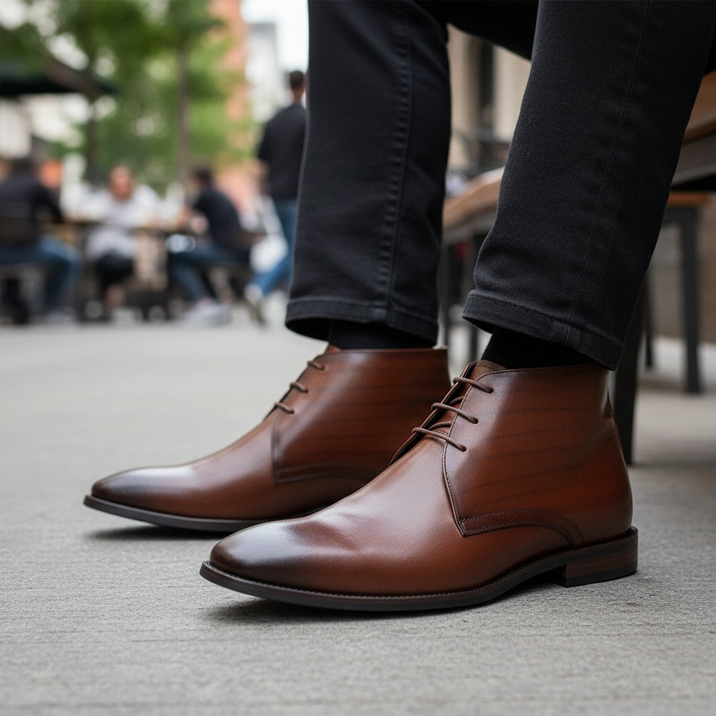 model-sitting-bench - Men's Brown High Ankle Leather Boots