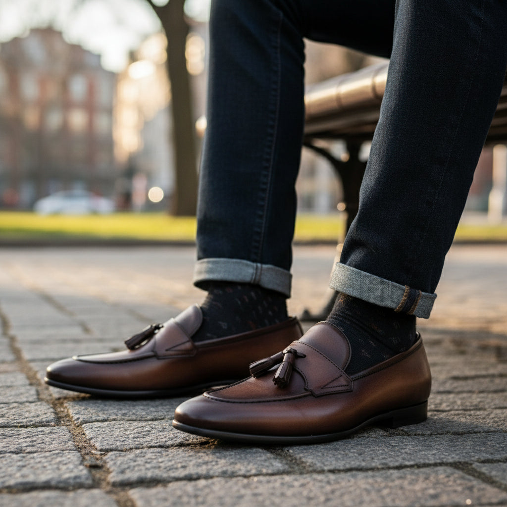 model-sitting-bench - Men's Brown Italian Leather Tassel Loafers