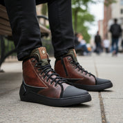 model-sitting-bench - Men's Brown Leather Advance Protection Shoes