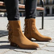 model-sitting-bench - Men's Brown Leather Ankle Boots