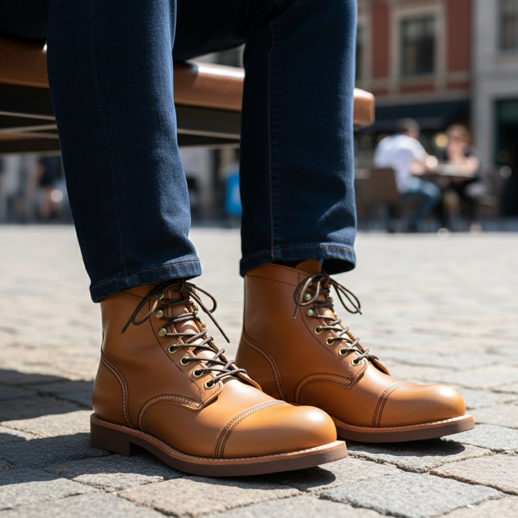 model-sitting-bench - Men's Brown Leather Ankle Boots