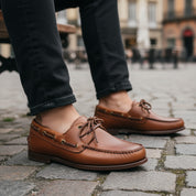 model-sitting-bench - Men's Brown Leather Boat Shoes