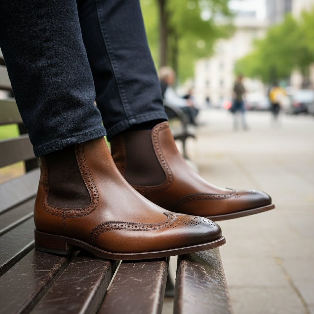 model-sitting-bench - Men's Brown Leather Brogue Chelsea Boots