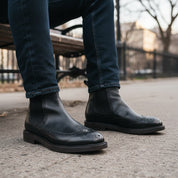 model-sitting-bench - Men's Brown Leather Brogue Chelsea Boots