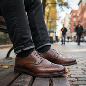 model-sitting-bench - Men's Brown Leather Brogue Dress Shoes