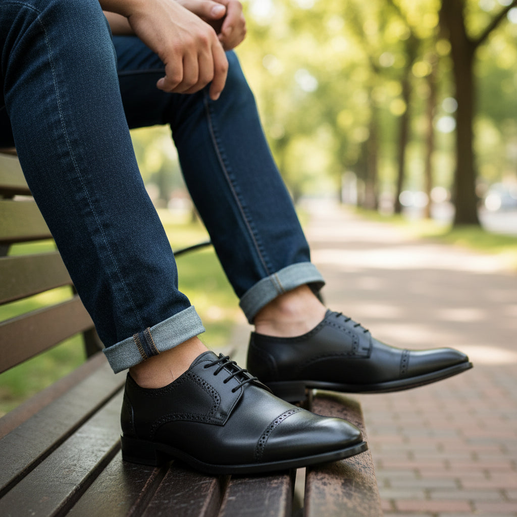 model-sitting-bench - Men's Brown Leather Brogue Dress Shoes