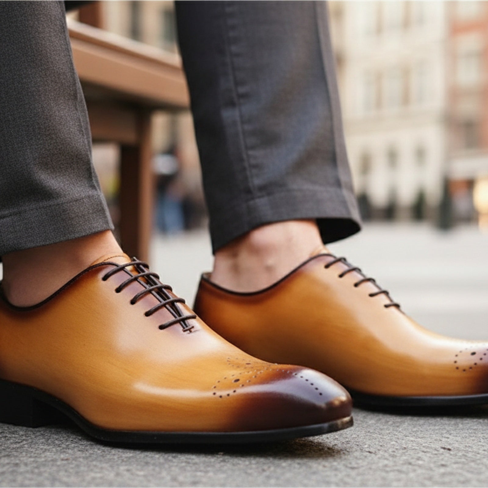 model-sitting-bench - Men's Brown Leather Brogue Dress Shoes