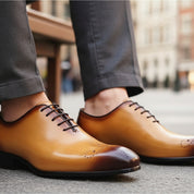 model-sitting-bench - Men's Brown Leather Brogue Dress Shoes