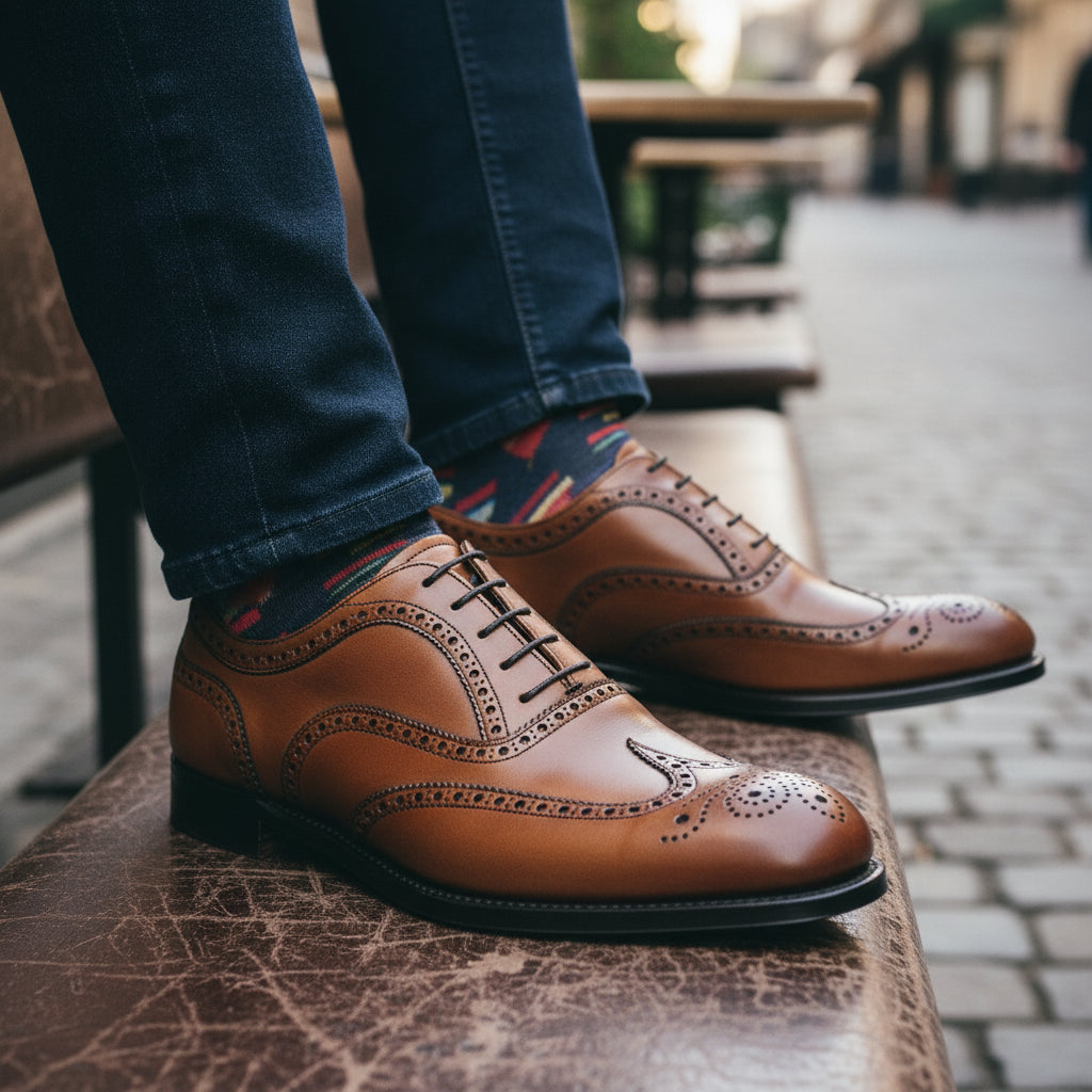 model-sitting-bench - Men's Brown Leather Brogue Dress Shoes