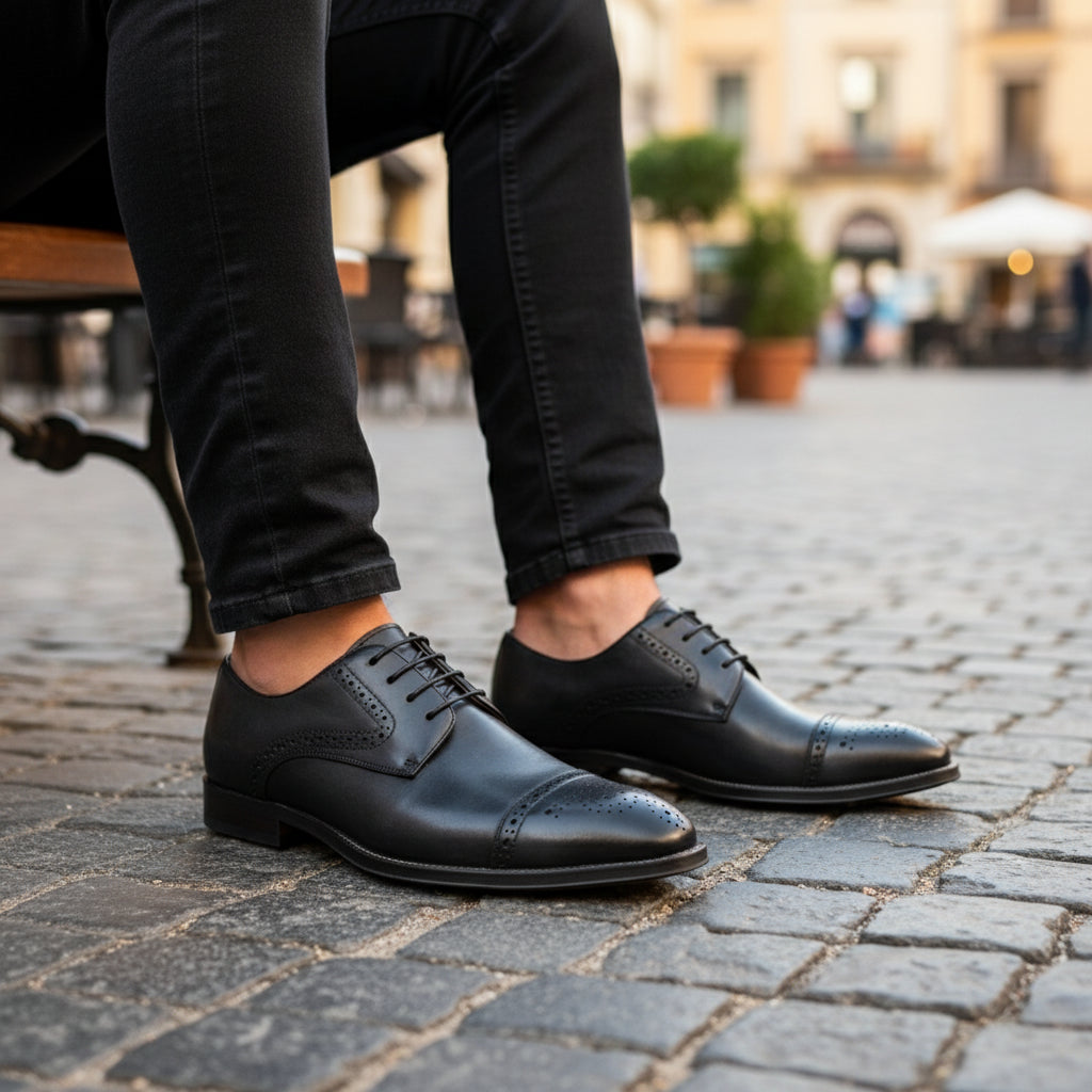 model-sitting-bench - Men's Brown Leather Brogue Dress Shoes