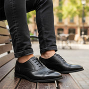 model-sitting-bench - Men's Brown Leather Brogue Dress Shoes