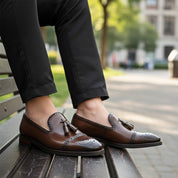 model-sitting-bench - Men's Brown Leather Brogue Loafers