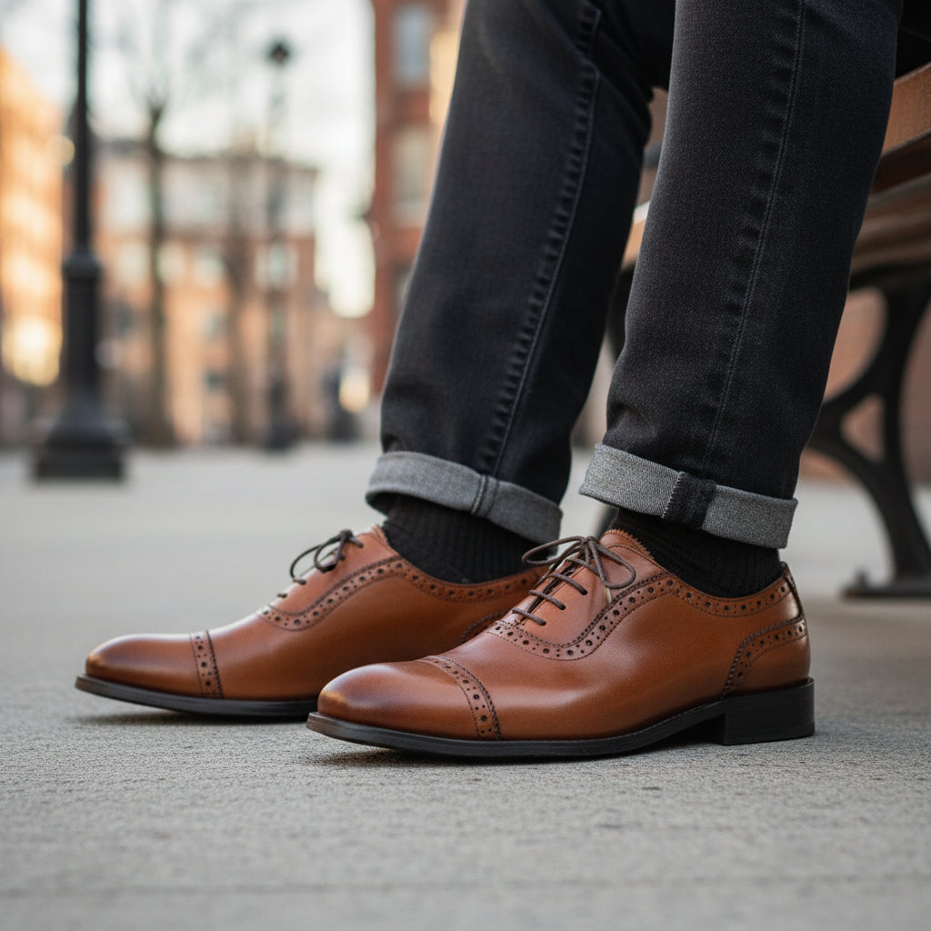 model-sitting-bench - Men's Brown Leather Brogue Shoes