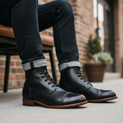 model-sitting-bench - Men's Brown Leather Cap-Toe Ankle Boots
