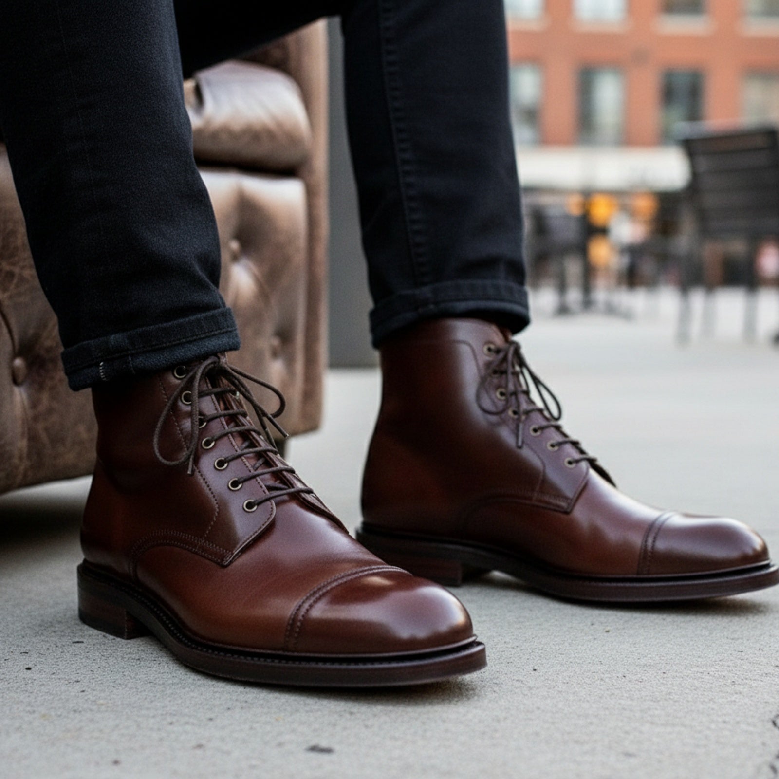 Men's Brown Leather Cap Toe Ankle Boots - model-sitting-bench