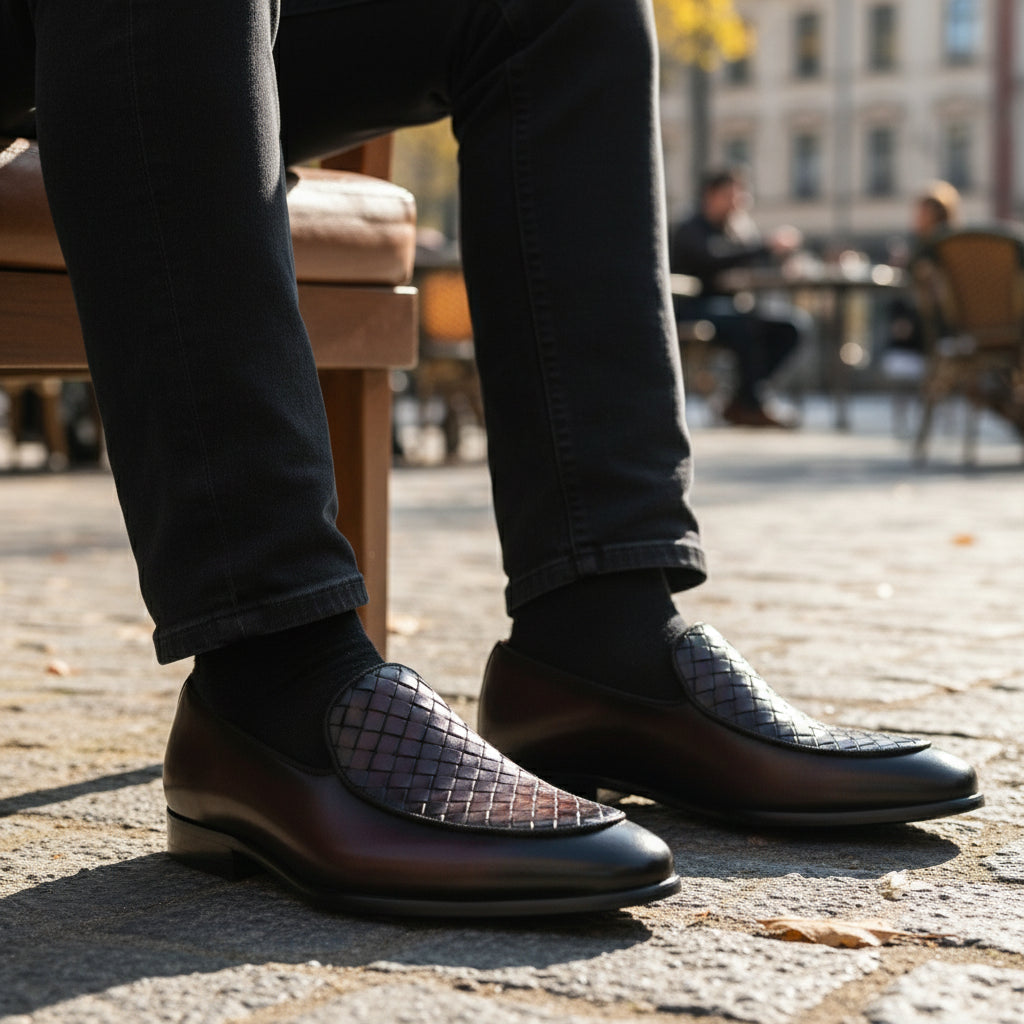 model-sitting-bench - Men's Brown Leather Casual Loafers