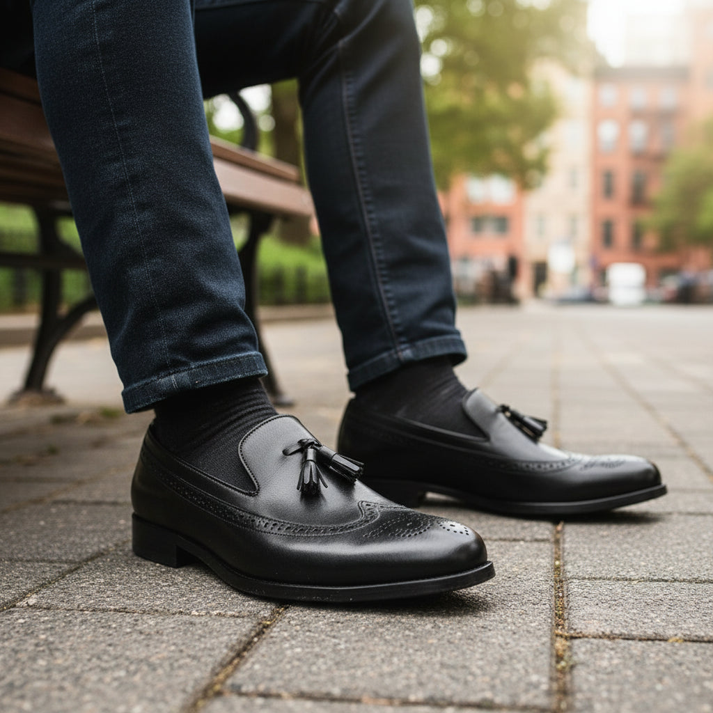 model-sitting-bench - Men's Brown Leather Casual Loafers