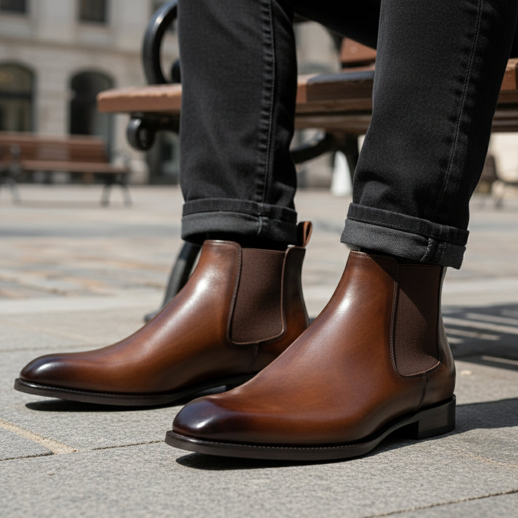 model-sitting-bench - Men's Brown Leather Chelsea Ankle Boots