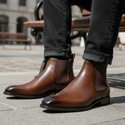 model-sitting-bench - Men's Brown Leather Chelsea Ankle Boots
