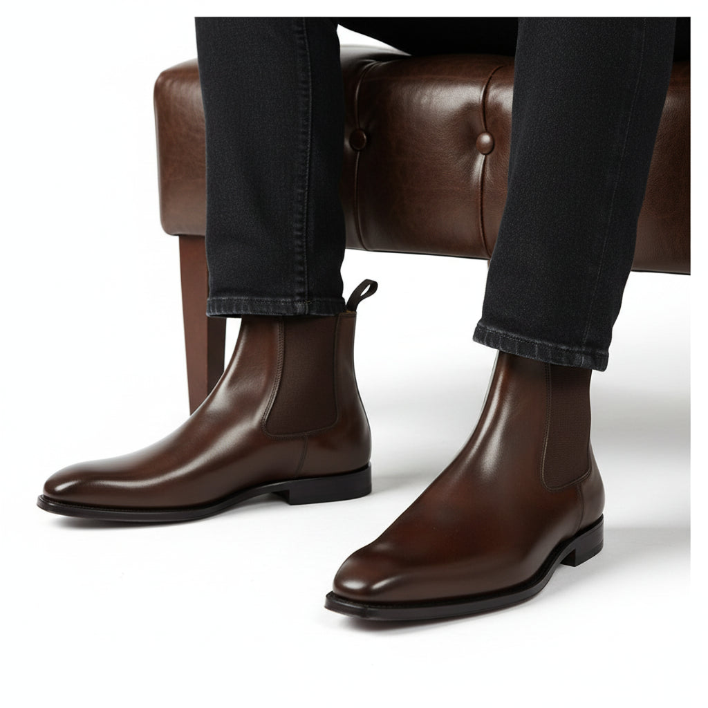 Men's Brown Leather Chelsea Boots | Ankle Office Boots - model-sitting-bench
