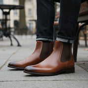 model-sitting-bench - Men's Brown Leather Chelsea Boots