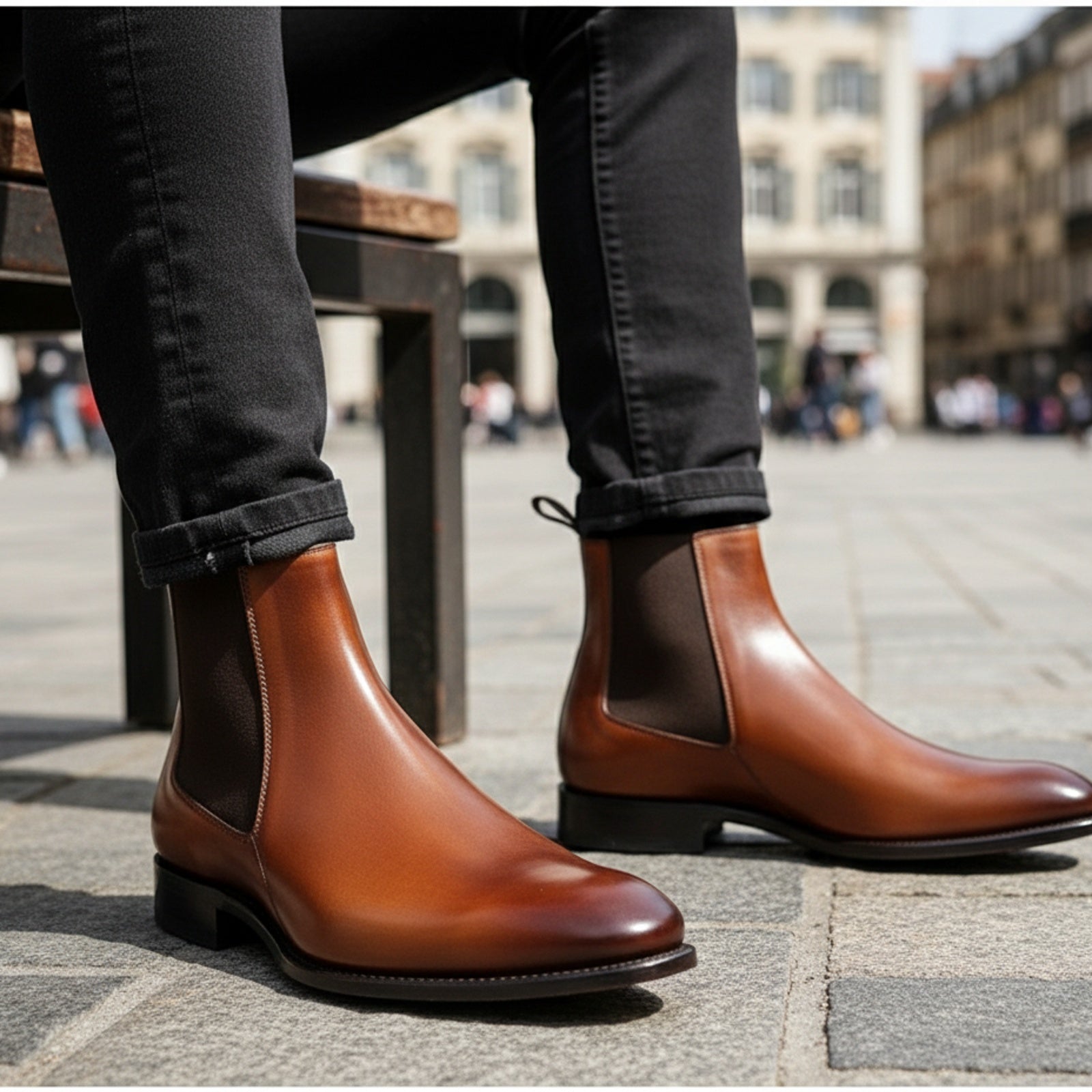 model-sitting-bench - Men's Brown Leather Chelsea Boots