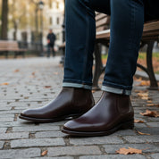 model-sitting-bench - Men's Brown Leather Chelsea Boots