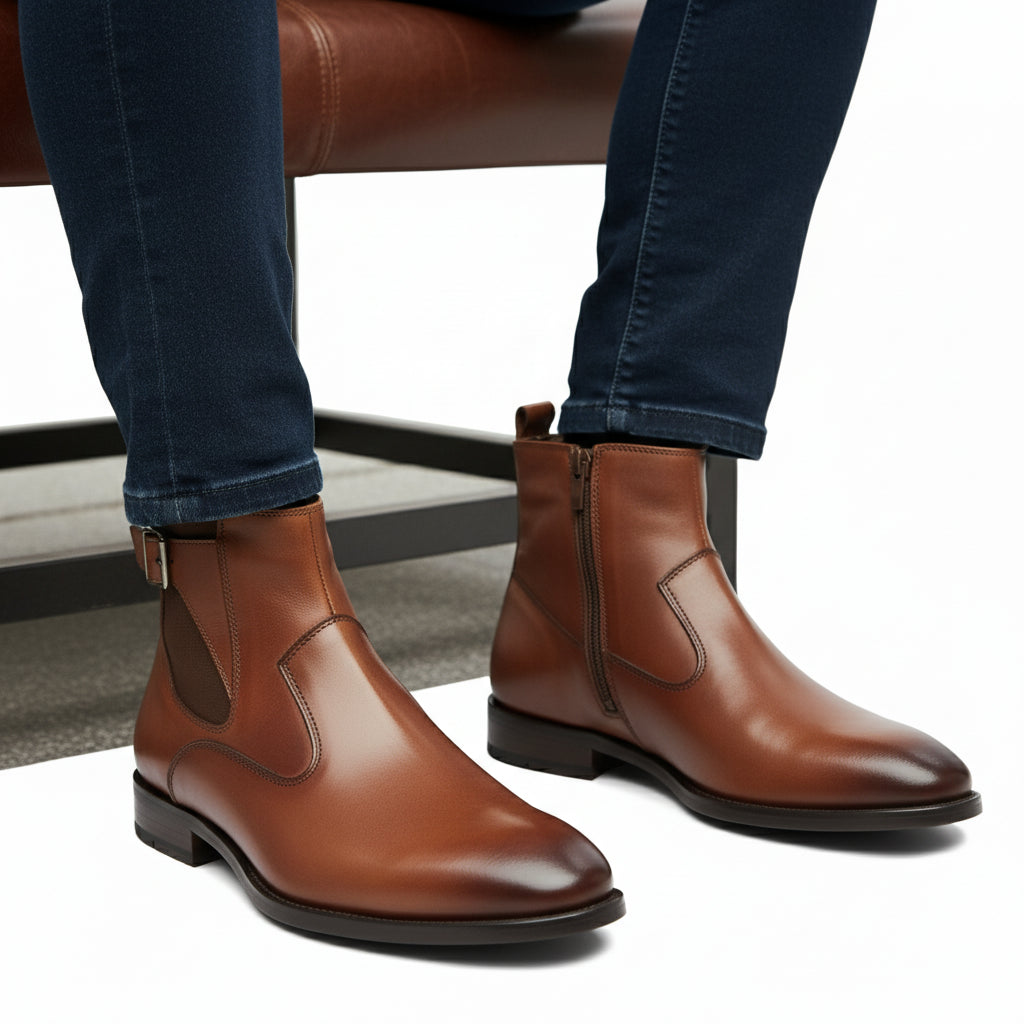 model-sitting-bench - Men's Brown Leather Chelsea Boots