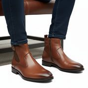 model-sitting-bench - Men's Brown Leather Chelsea Boots