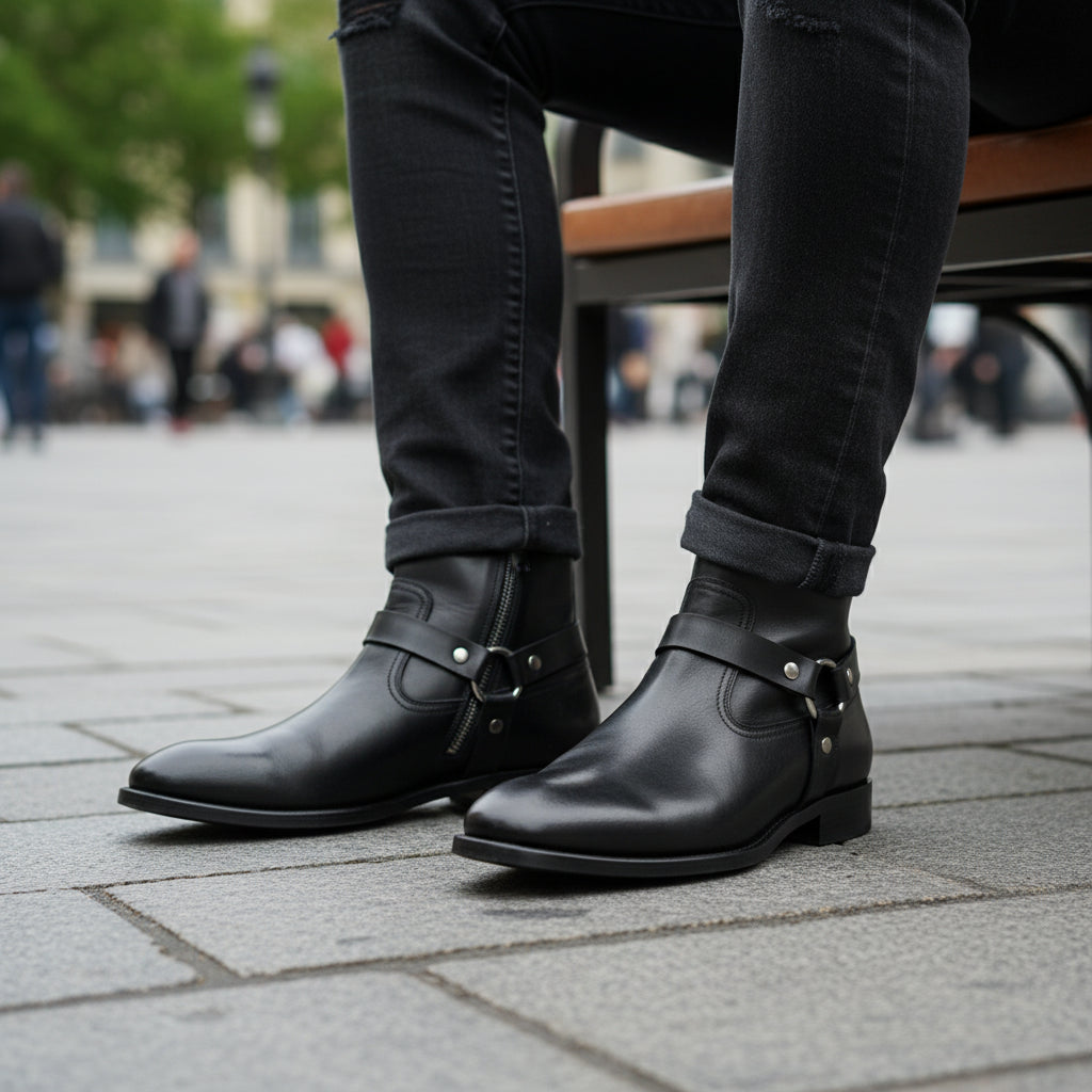 model-sitting-bench - Men's Brown Leather Chelsea Zipper Boots