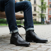 model-sitting-bench - Men's Brown Leather Chukka Ankle Boots